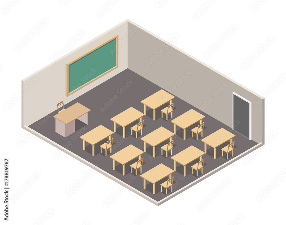 Isometric classroom interrior realistic 3d icon.