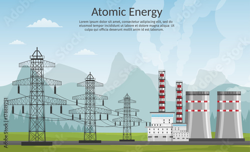 Nuclear power plant vector illustration for background infographics of atomic energy.