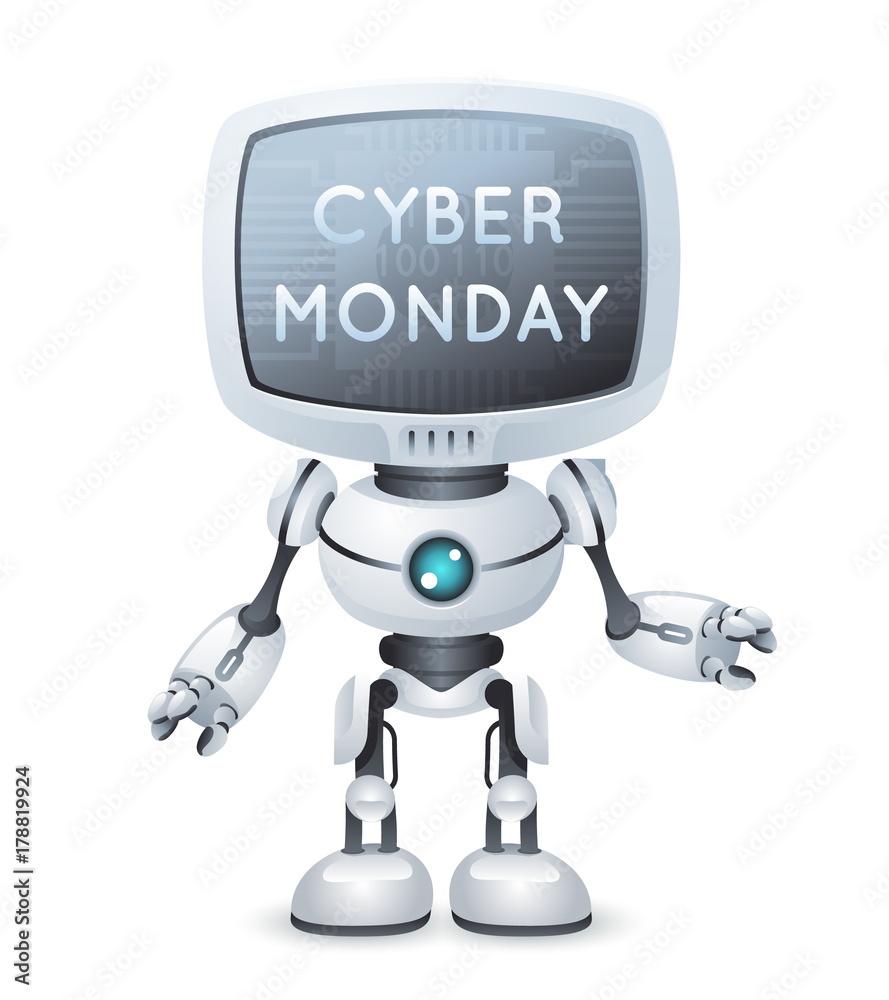 Sale cyber monday screen monitor head robot text poster technology science fiction future cute little 3d design vector illustration Sale cyber monday screen monitor head robot text poster technology science fiction future cute little 3d design vector illustration
