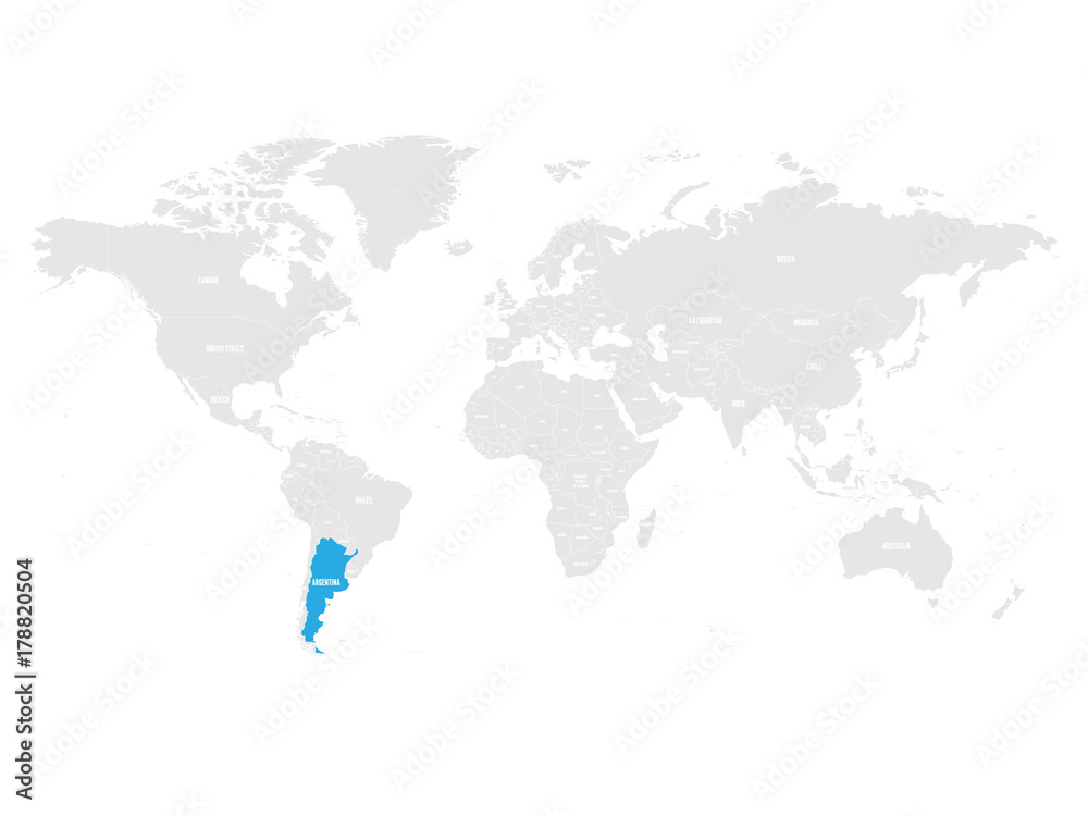Fototapeta premium Argentina marked by blue in grey World political map. Vector illustration.
