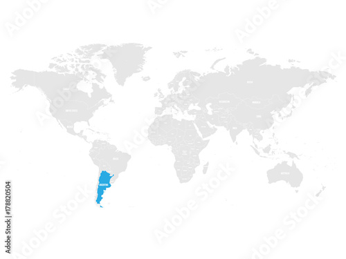 Argentina marked by blue in grey World political map. Vector illustration.