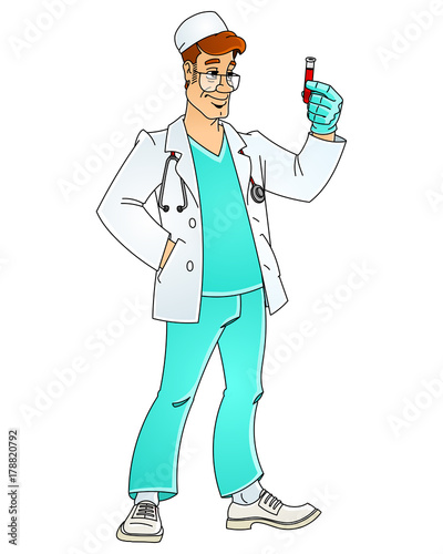 The doctor is studying a blood test in a test tube.