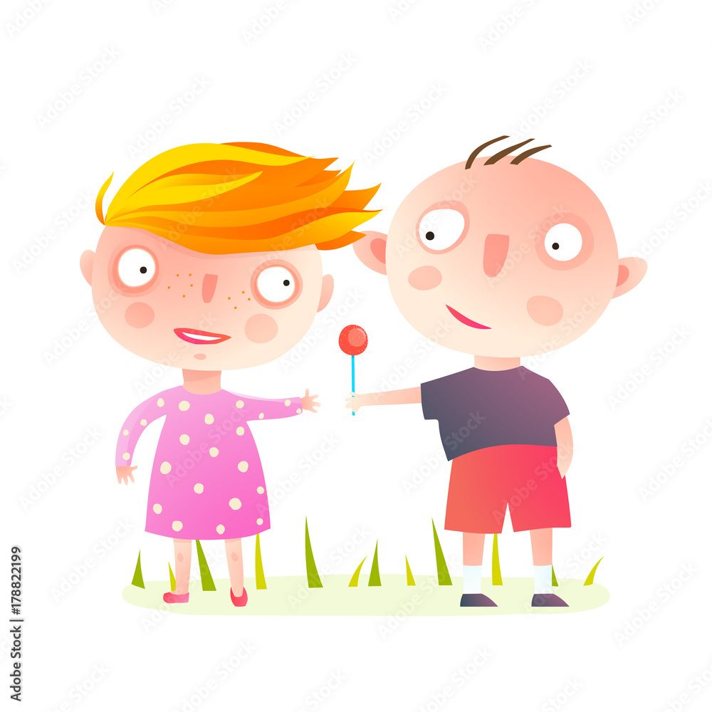 Boy giving a lollipop to a girl. Vector cartoon. Boy giving a lollipop to a girl. Vector cartoon.