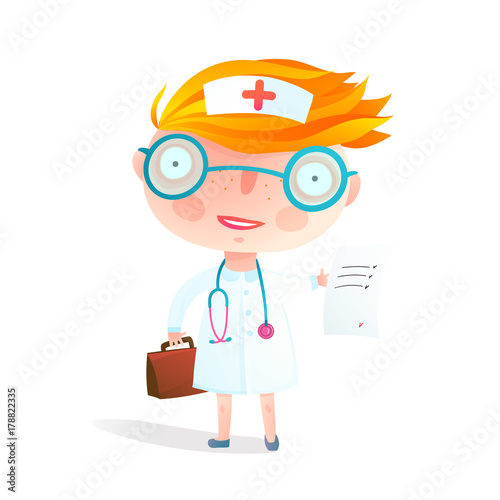 Little cute baby girl want to be a doctor wearing nurse costume. Vector cartoon.