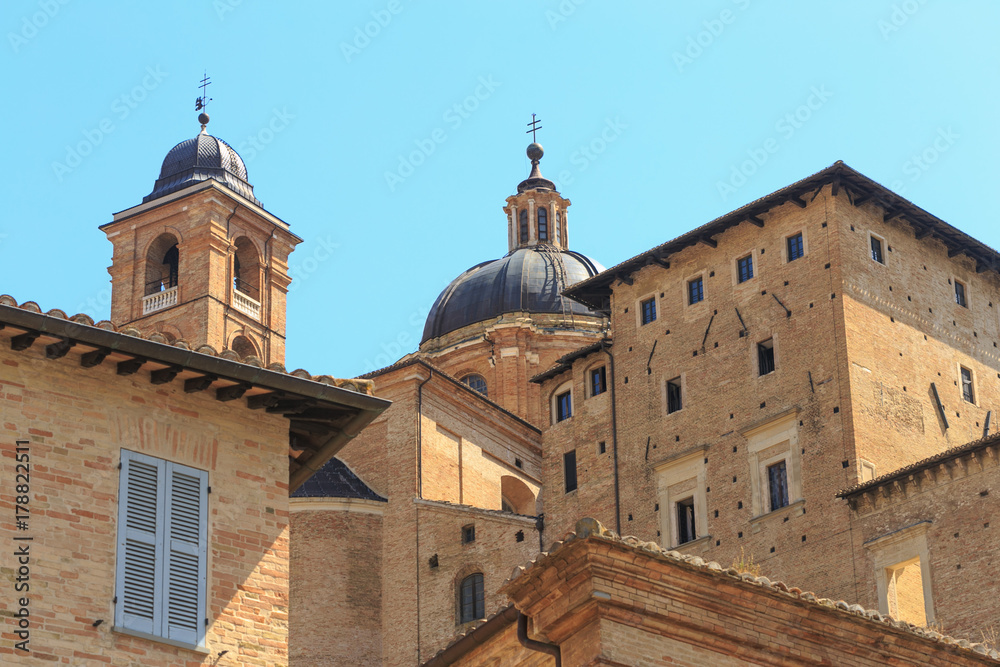 Urbino, Italy - August 9, 2017: architectural elements of a building in the old town of Urbino.