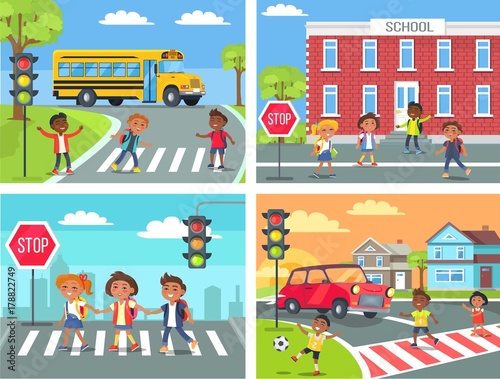 Schoolchildren Cross Road on Pedestrian Crossing