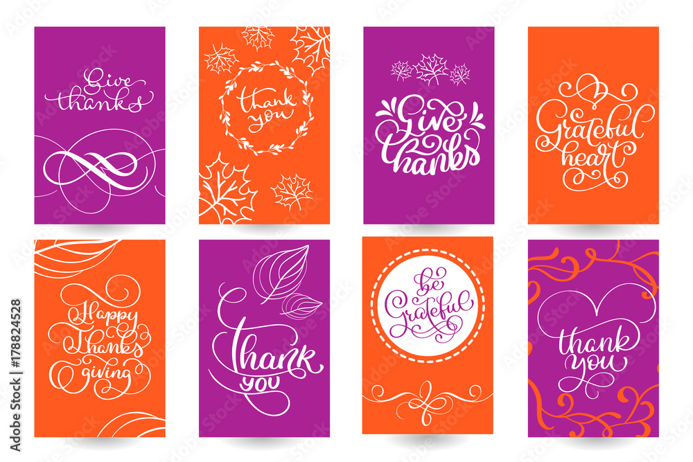 Set of Hand drawn Thanksgiving Day texts. Celebration quotes Happy Thanksgiving, Hello fale, Giving thanks, Grateful heart, be Grateful, Thank you. Vector vintage style calligraphy Lettering with