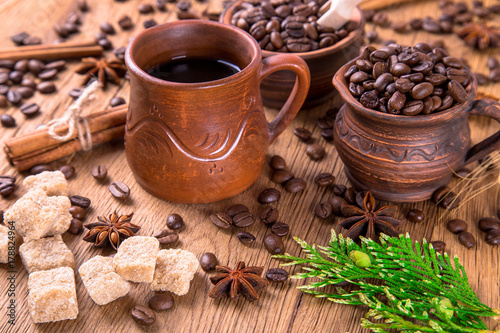 grains of black coffee on the wooden table