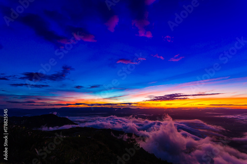 Natural Sunset Sunrise.Phu Thap Boek Phetchabun Mountains.Landscape Sky At Sunset Dawn Sunrise. Unseen Thailand.