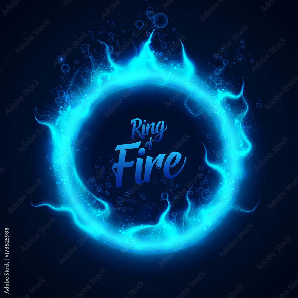 Vector ring of fairy blue underwater fire with bubbles. Procedural fire