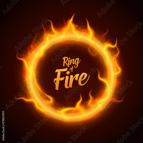 Vector ring of orange fire with sparks. Procedural fire flames burn around glowing circle. Fire burning circle on a black background illustration. eps 10
