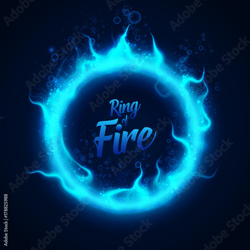Vector ring of fairy blue underwater fire with bubbles. Procedural fire flames burn around glowing circle. Fire burning circle on a black background illustration. eps 10