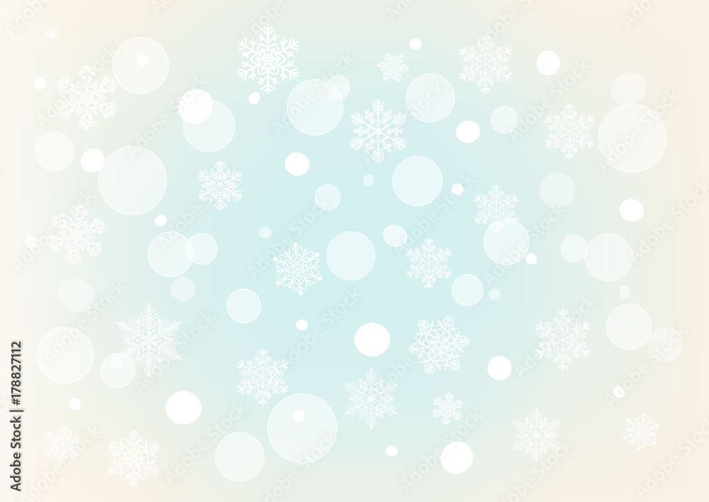 Blue gradient background with snowflakes and bokeh border. Winter, Christmas background.