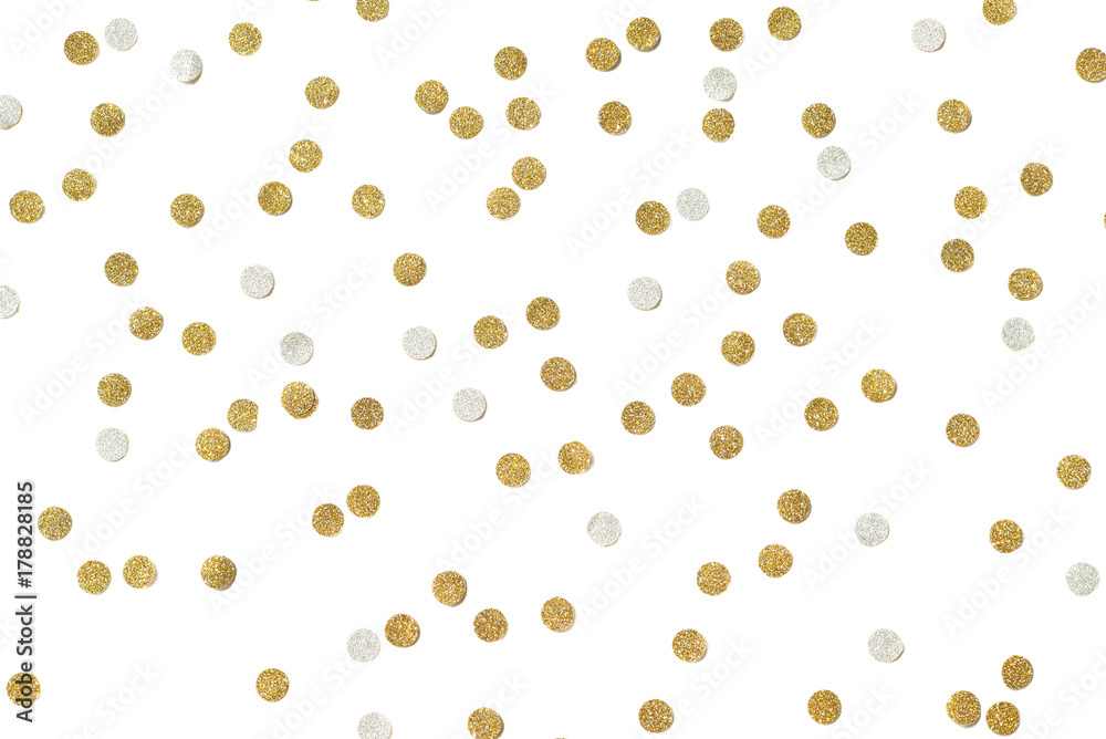Gold and silver glitter confetti paper cut on white background - obrazy, fototapety, plakaty 