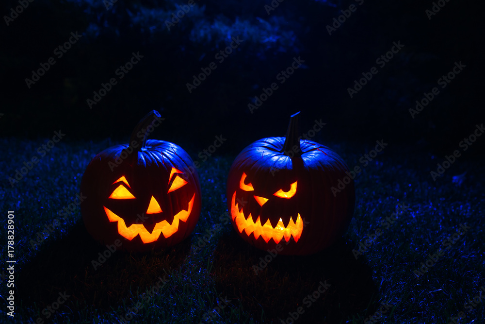 Two Halloween pumpkin in a mystical forest at night. Two Halloween pumpkin in a mystical forest at night.
