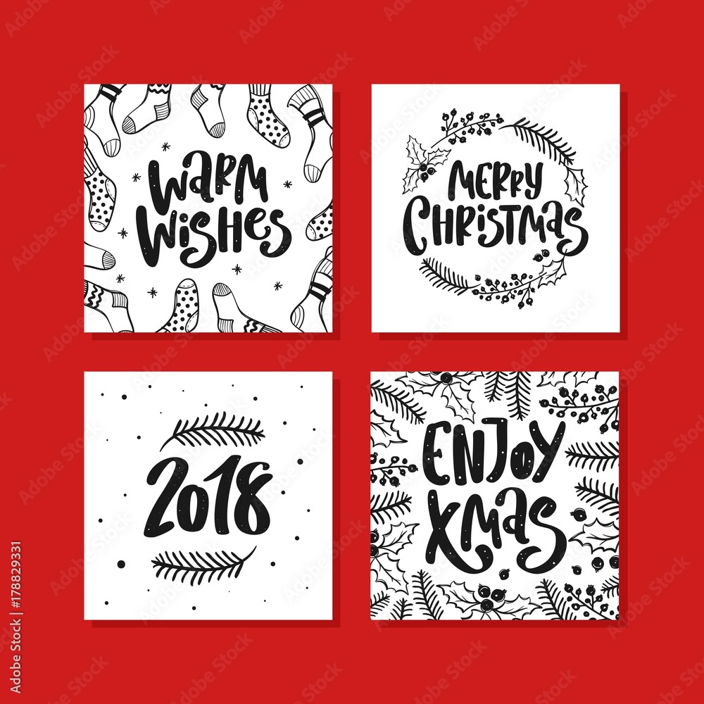 Hand drawn set of Christmas and New Year greeting cards. Black and white lettering with holiday elements.