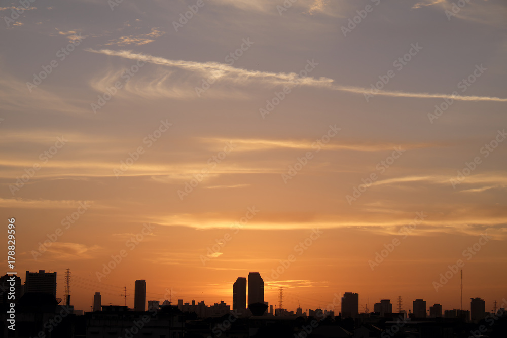 city scape during sunset