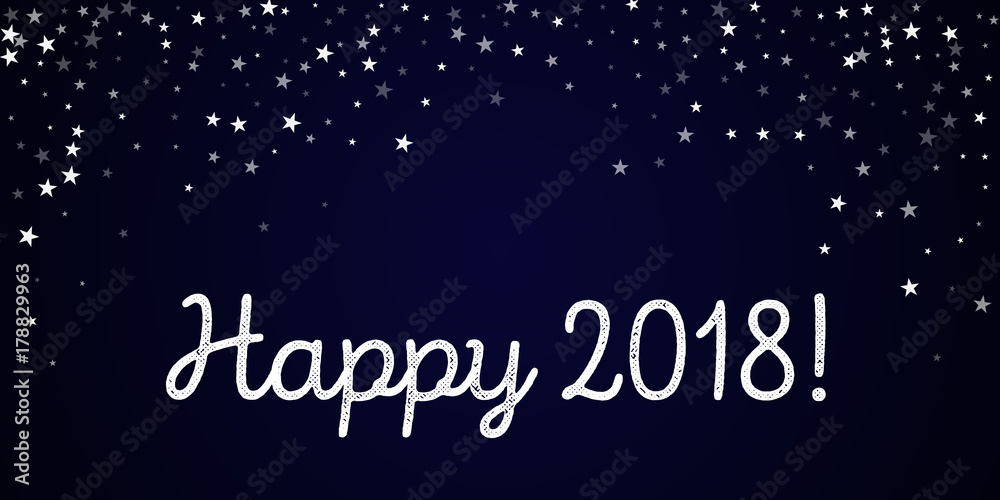 Happy 2018 greeting card. Random falling stars background. Random falling stars on deep blue background. Pleasing vector illustration.