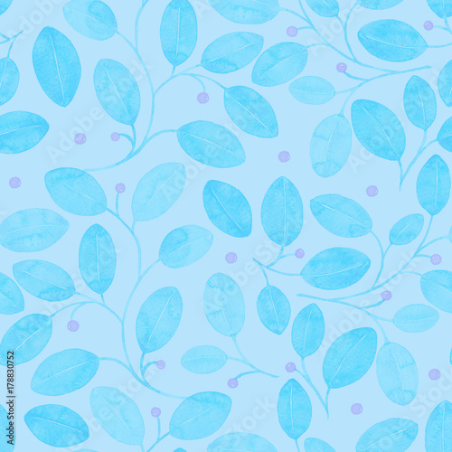 Foliage Seamless Pattern. Light blue Watercolor Abstract Background. Hand Painted comely Art Print. Foliage Repeating Pattern. Cloth Swimwear Design, Wallpaper, Wrapping. 24.