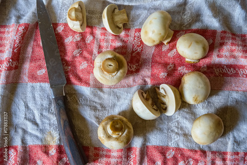 Fresh raw mushrooms on cloth with nkife photo