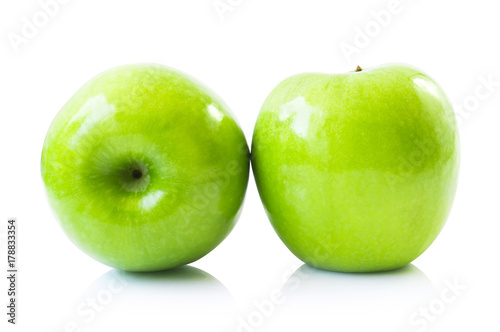 Green fresh apples fruit isolated on white background with clipping path, healthy diet food concept