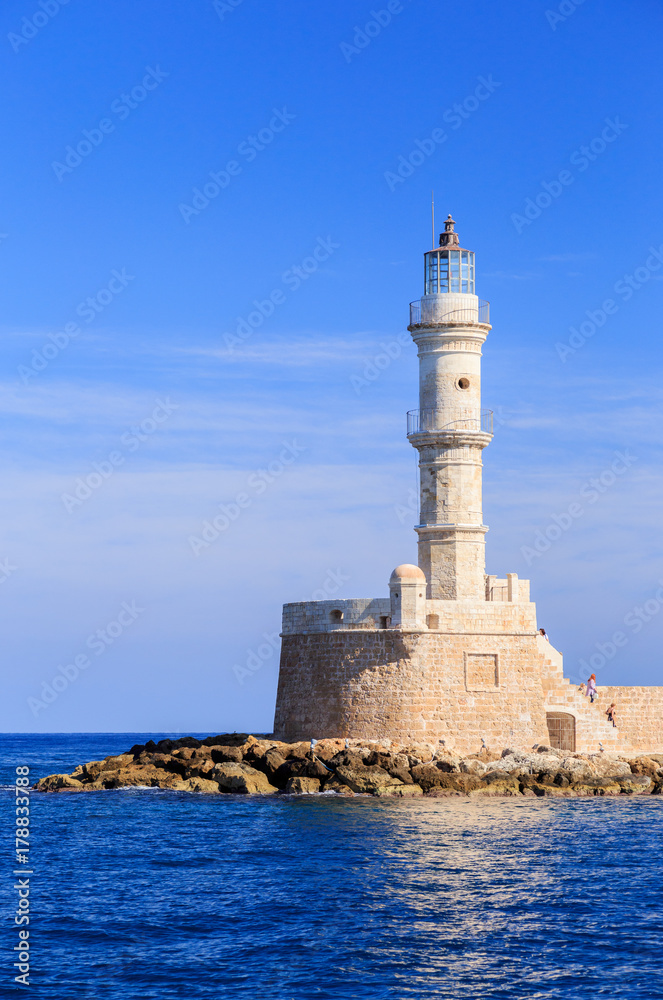 Egyptian Lighthouse in the Venetian port in the city of Chania, Greece, Crete, an ancient monument, one of the oldest lighthouses in the world.
