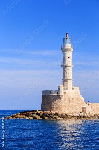 Egyptian Lighthouse in the Venetian port in the city of Chania, Greece, Crete, an ancient monument, one of the oldest lighthouses in the world.