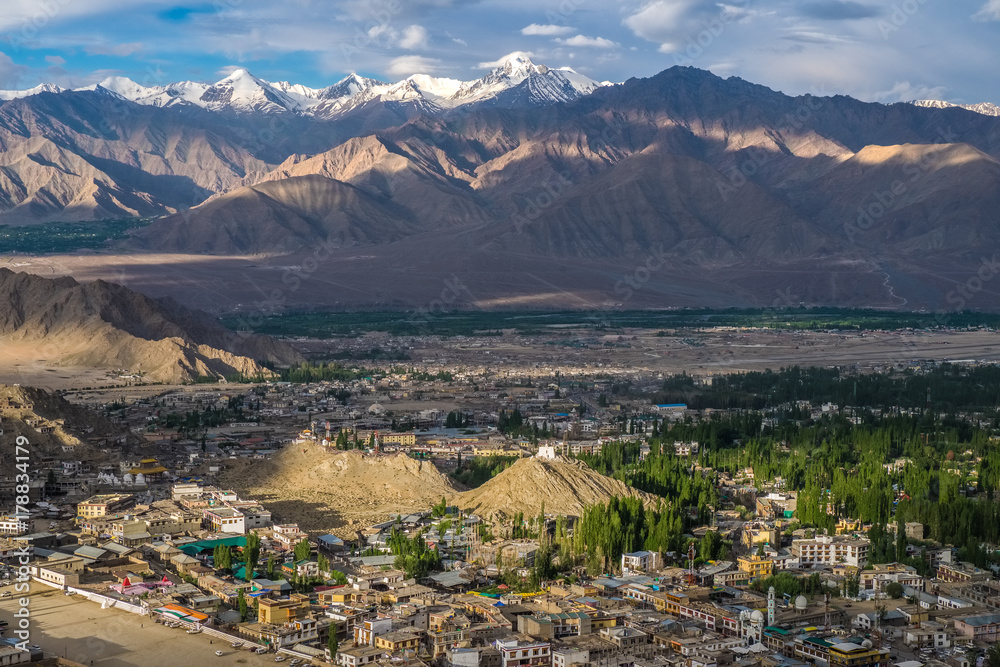 Landscape of Leh city and mountain around, Leh district, Ladakh, in the north Indian state of Jammu and Kashmir.	