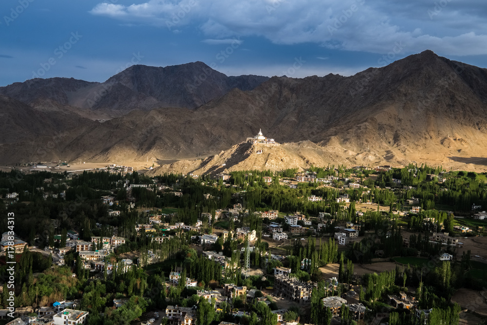 View of Shanti Stupa on a hilltop in Chanspa from Leh Palace in Leh district, Ladakh	