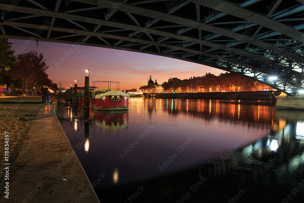 Dusk under Pont de Lafayette over the Rhone river in Lyon, France.