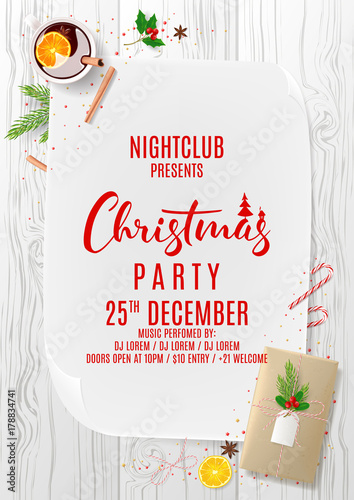 Merry Christmas Party Flyer Template. Holiday Composition with Paper Gift Box and Festive Decoration on Wooden Texture. Greeting Card. Vector Illustration. Invitation to nightclub.