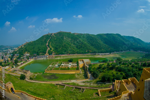 Aerial view of Amber Fort near Jaipur in Rajasthan, India. Amber Fort is the main tourist attraction in the Jaipur area, fish eye effect
