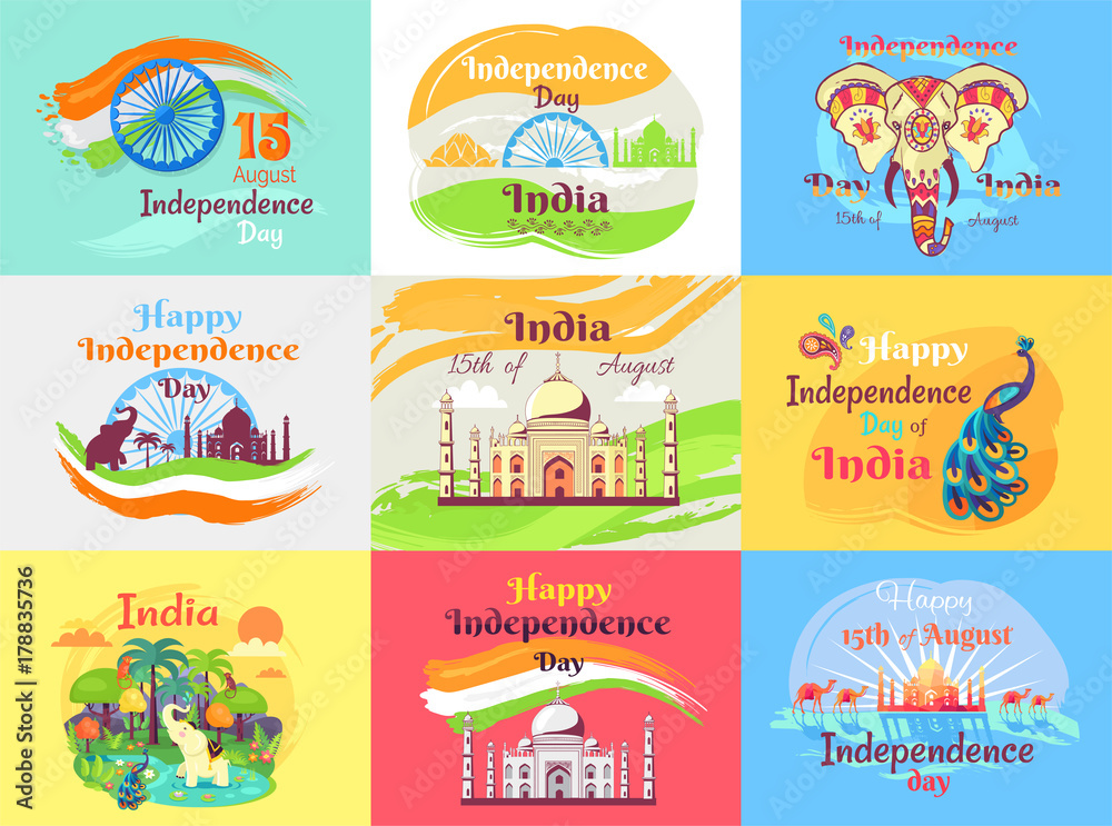 Indian Independence Day Celebration Emblems Set Indian Independence Day Celebration Emblems Set