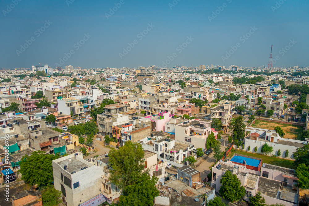 Beautiful aerial view of old colorful buildings city in Rajasthan state, in India