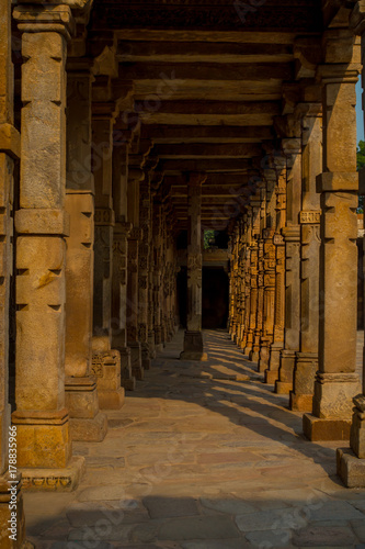 Columns with stone carving in courtyard of Quwwat-Ul-Islam mosque, Qutub Minar complex, Delhi, India