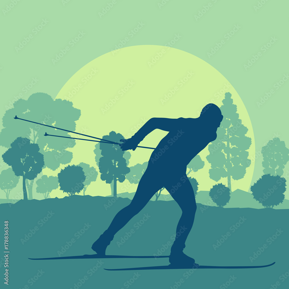 Skiing man in forest vector background landscape Skiing man in forest vector background landscape