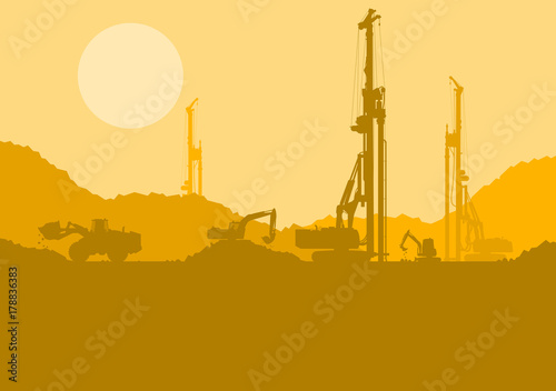 Hydraulic earth hole pile drilling machine, tractors digging at industrial construction site vector background