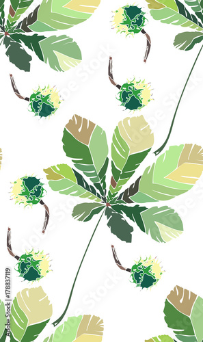 Beautiful wonderful graphic bright floral herbal autumn green chestnut leaves and chestnuts pattern vector illustration. Perfect for textile, wallpapers, wrapping paper, greeting cards