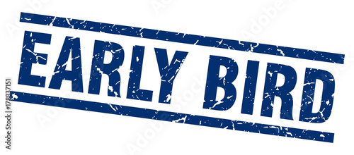 square grunge blue early bird stamp