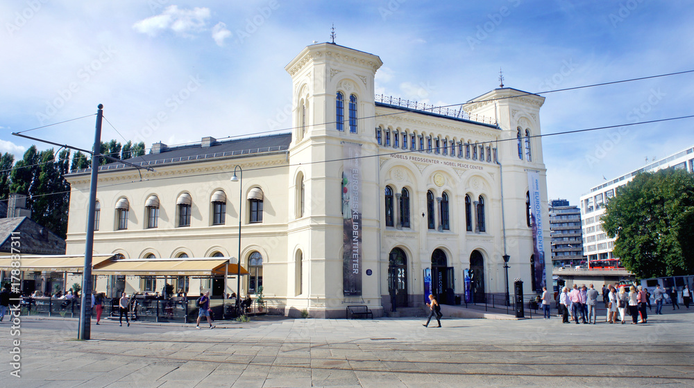 Scenic view of Nobel Peace Center facade, sunny day, Oslo, Norway