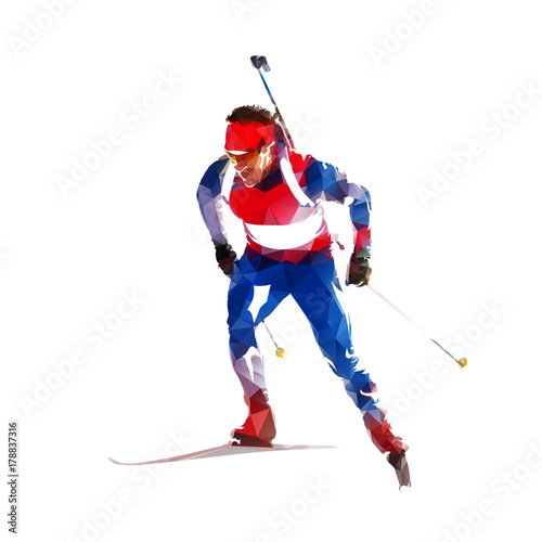 Biathlon race, skier in blue and red jersey, abstract geometric illustration