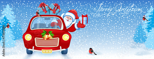 Christmas card with Santa Claus in red car with gift box against winter forest background