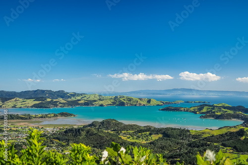 Aerial view of Coromandel Town and Mcgregory Bay from the Tokatea Lookout. (North Island, NZ)