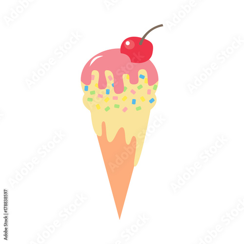 Ice cream cone with chocolate icing and cherry on top vector illustration