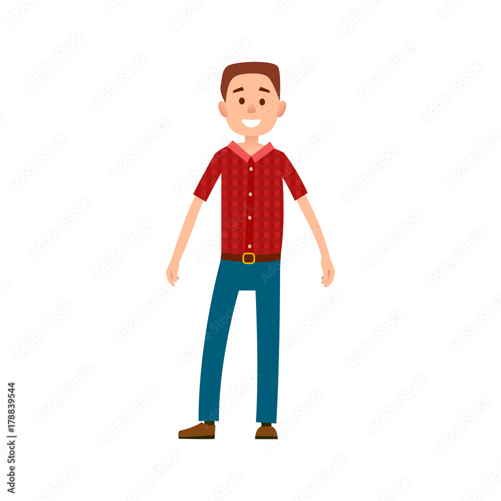 Man in Casual Cloth Wears Checkered T-shirt, Jeans Man in Casual Cloth Wears Checkered T-shirt, Jeans