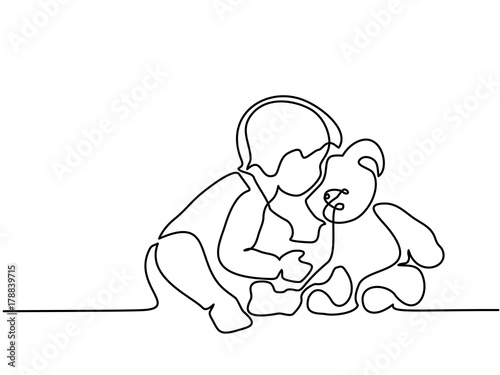 Continuous line drawing. Little boy sitting with teddy bear on the white background. Vector illustration