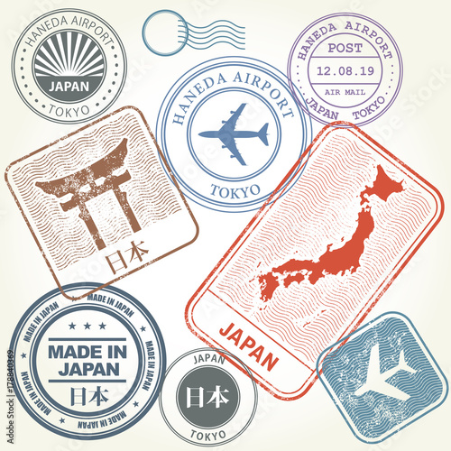 Travel stamps set Japan and Tokyo theme (with inscription Japan on Japanese  language)