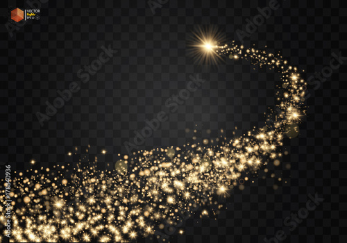 Cosmic glittering wave. Gold glittering stars dust trail sparkling particles on transparent background. Space comet tail. EPS 10 vector
