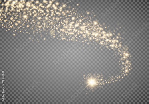 Cosmic glittering wave. Gold glittering stars dust trail sparkling particles on transparent background. Space comet tail. EPS 10 vector