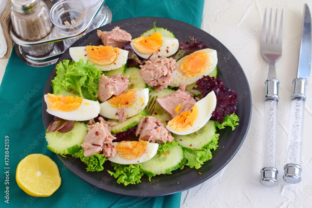 Salad with cucumber, eggs and tuna with olive oil, lemon and honey dressing. Salad with cucumber, eggs and tuna with olive oil, lemon and honey dressing.